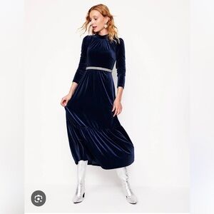 Boden Midnight Blue Long Sleeve Tiered Velvet Dress